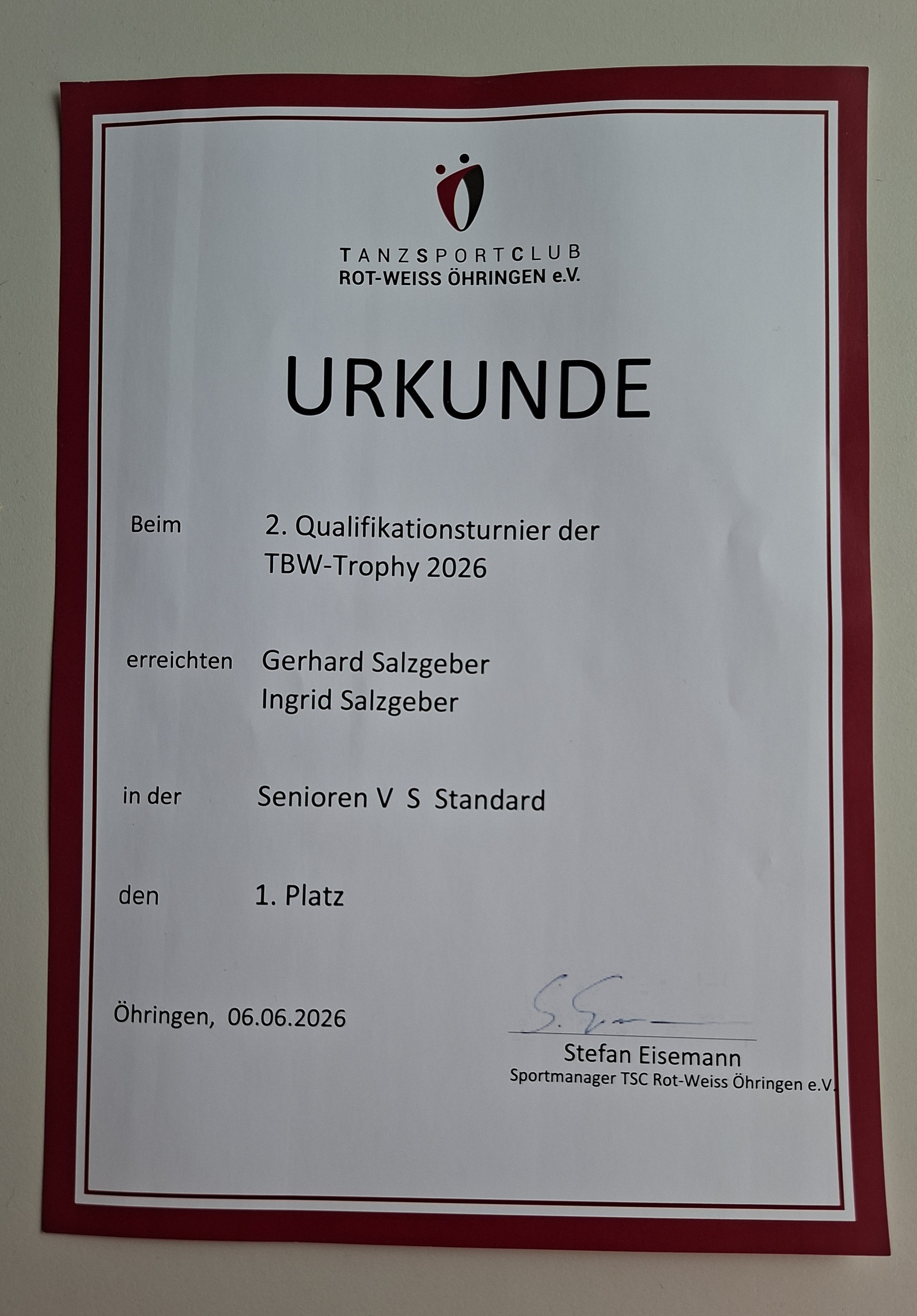 Urkunde 1. Platz